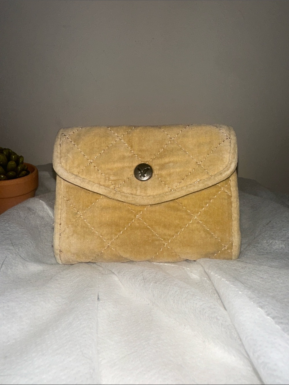 Vintage American Eagle Quilted Mustard Velvet Trifold Wallet Y2K